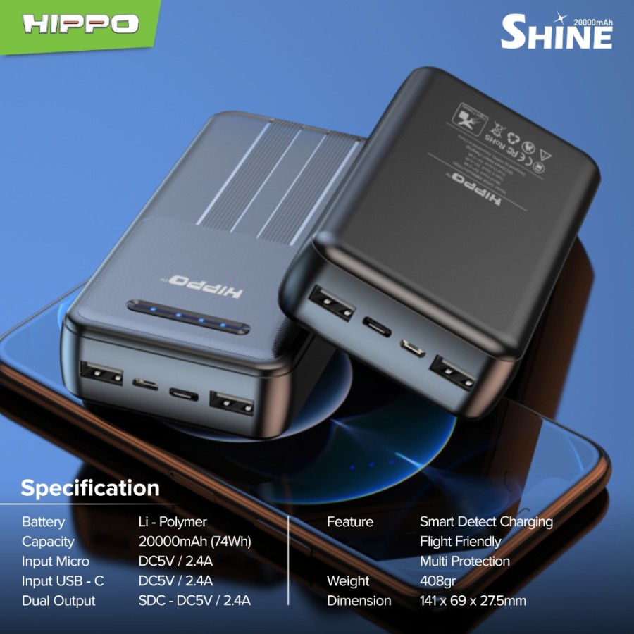 Hippo Power Bank Shine 20000 mAh 2 Port Dual USB Output 2.4A Powerbank 20000mAh Original Ori