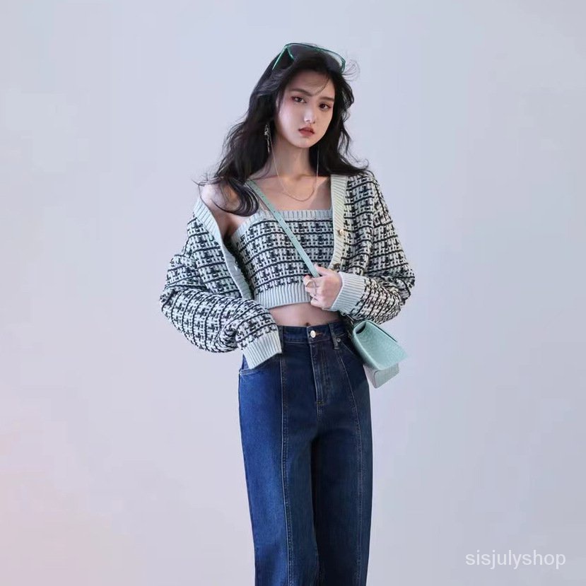 #Sisjuly# Pakaian Rajut Wanita Baru Kotak-kotak Pendek Lengan Panjang Rajutan Dua Potong Jaket Pakai