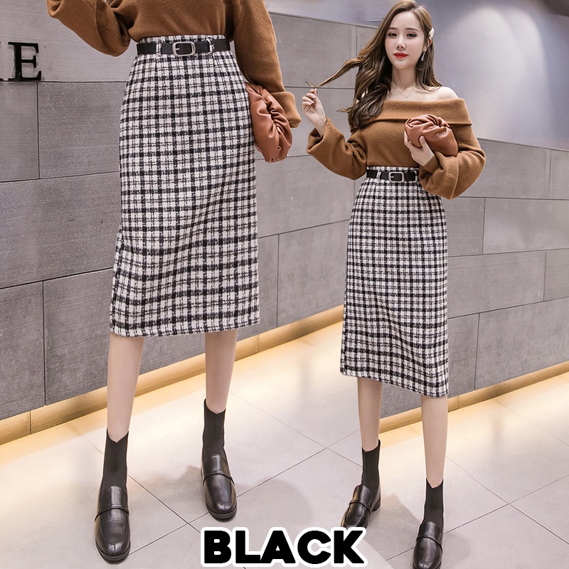 KARAKOREA 7707 Tweet Fur Midi Skirt + Belt/Korean Midi Skirt/Rok Midi/Office Skirt/Rok kerja