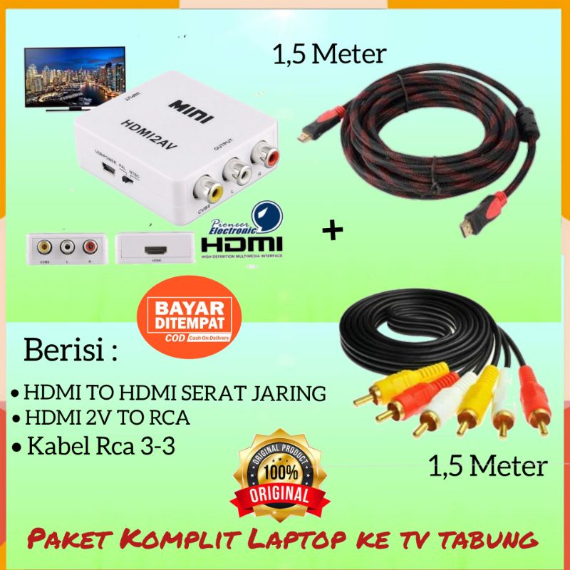 PAKET HDMI LAPTOP KE TV TABUNG CONVERTER ADAPTER HDMI TO AV RCA HDMI 2AV/ KABEL HDMI KE HDMI KABEL H