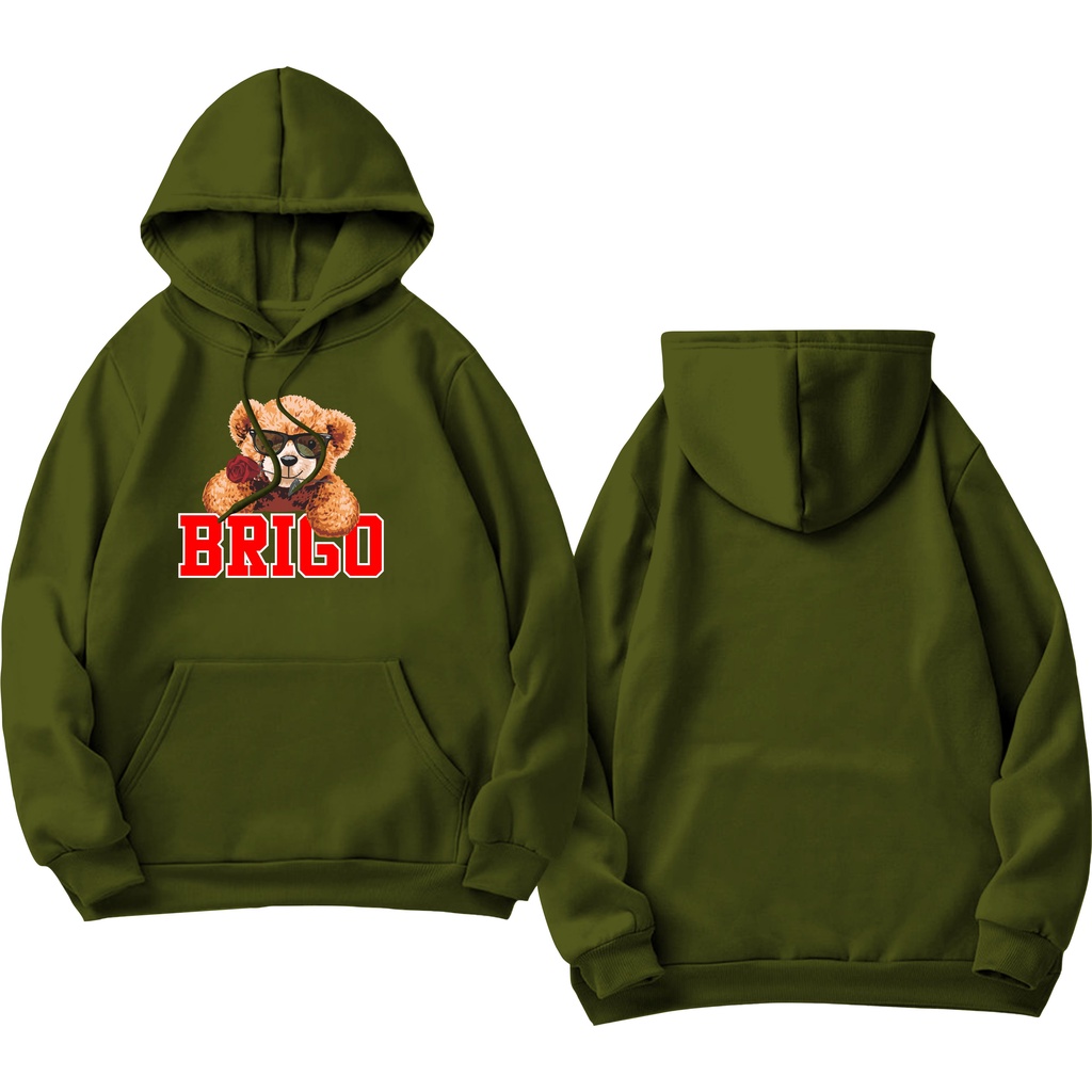 Sweater Hoodie BRIGO Sablon DTF Fleece Cotton || BRIGO Jumper Hoodie Beruang Bawa Bunga M-XXL (Pria &amp; Wanita) Free stiker&amp;Gantungan Kunci