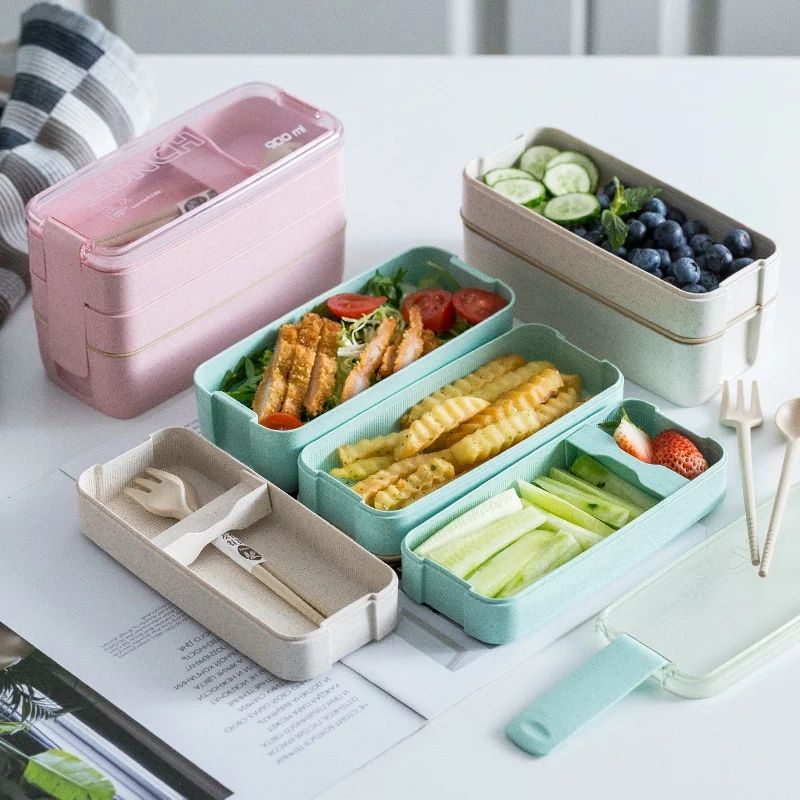 Kotak makan bento 3 susun bahan jerami Gandum/Lunch box 3 tingkat plus sendok