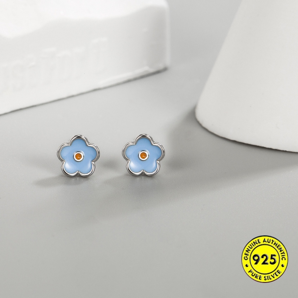 Anting Stud Sterling Silver Bentuk Bunga Kecil Warna Kontras Untuk Wanita