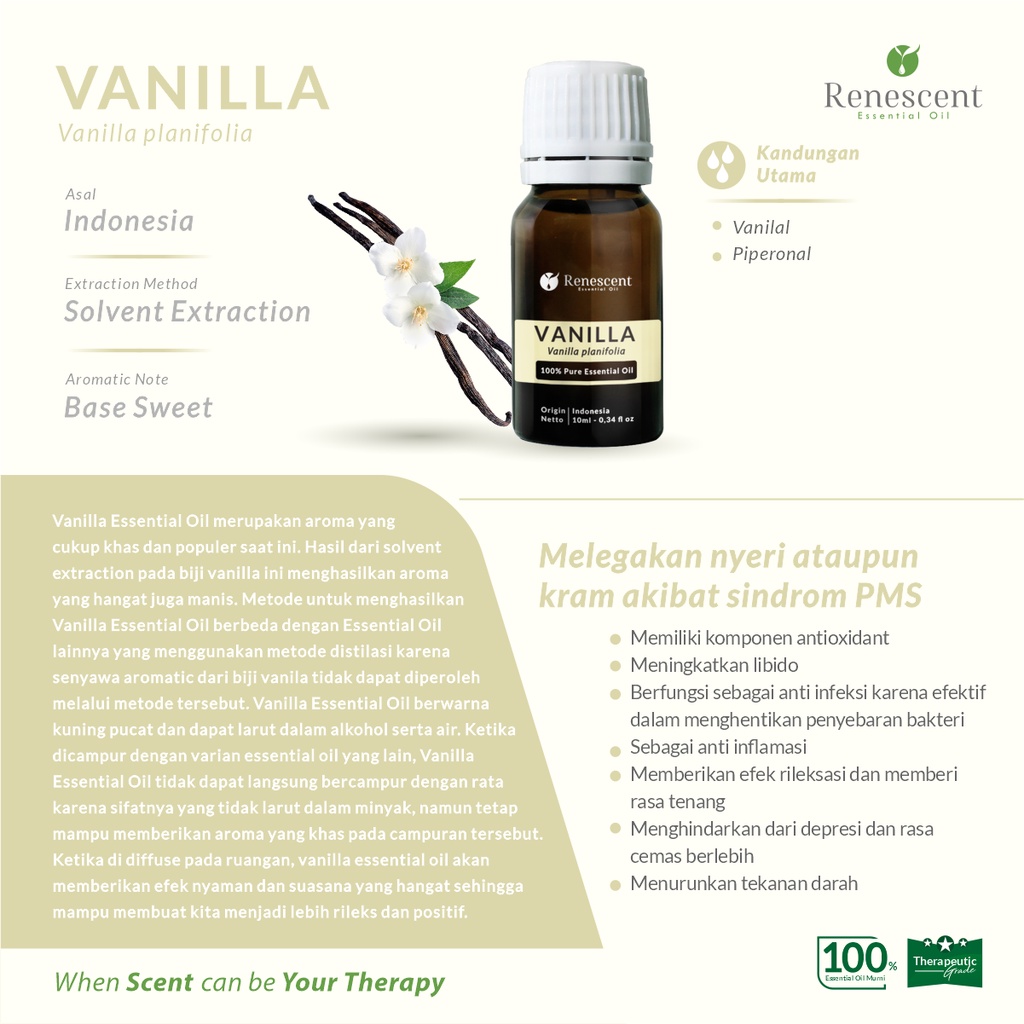 Renescent Vanilla Pure Essential Oil 10ml Diffuser Aromatherapy Humidifier Air Purifier Lilin Aromaterapi