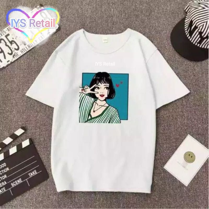 Kaos Korea Gambar Peace Girl/ Kaos Korea Murah / Kaos Korea Bahan Katun
