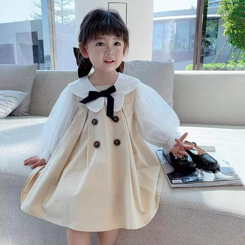 Dress Anak Perempuan Ribbon Puff Coffee Cream