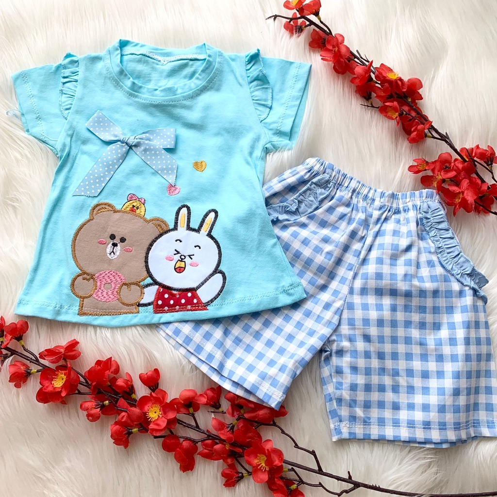 Setelan baju bayi cewek celana pendek import cantik kekinian fashion anak perempuan baby girl -bro