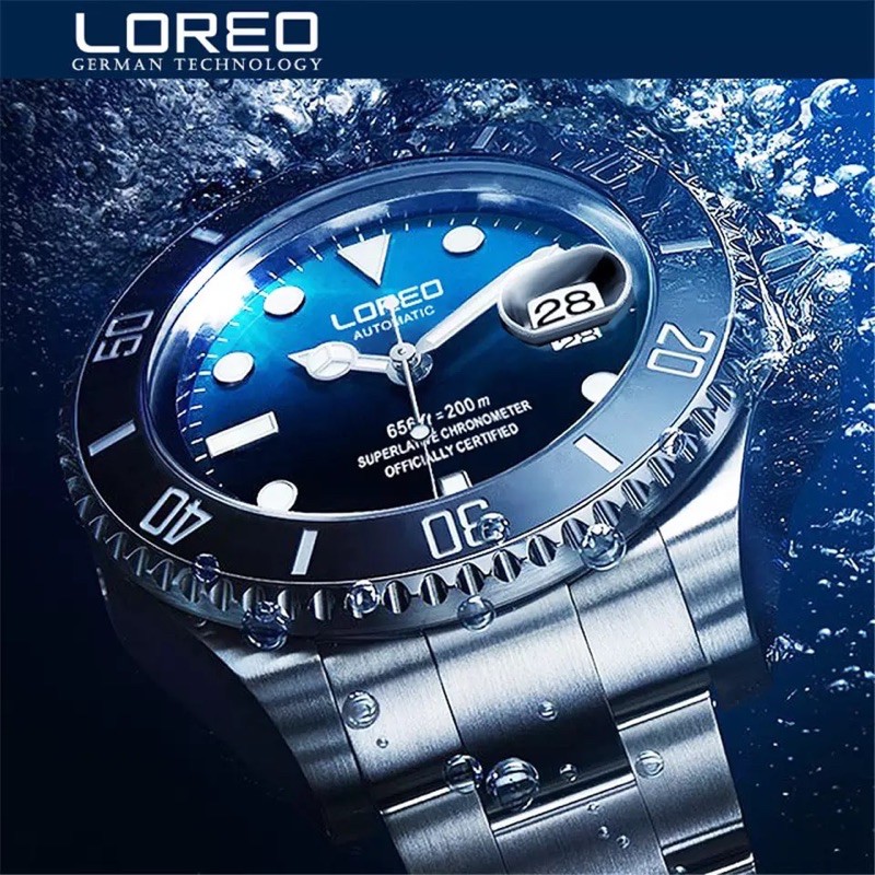 Jam Tangan Pria Original Loreo Submariner Automatic Silver Blue