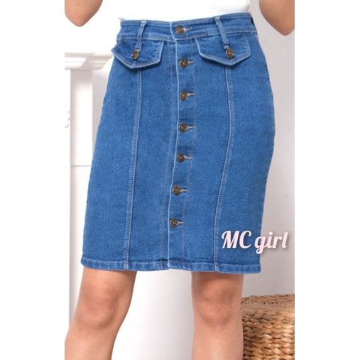 MC girl - Rok Jeans Tulang Full Kancing Depan Wanita / Rok Span Pendek Bukaan Kancing Depan Garis Cewek