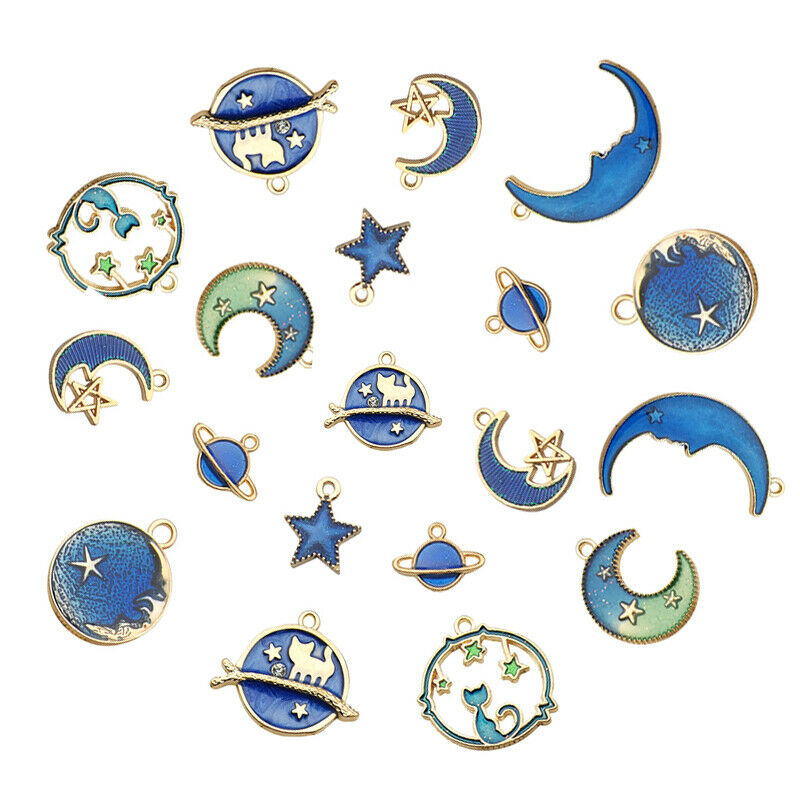 8Pcs Enamel Charms Blue Moon Star Planet Pendant Charms Spacer Beads for Jewlery Making DIY Bracelet Earrings Necklace