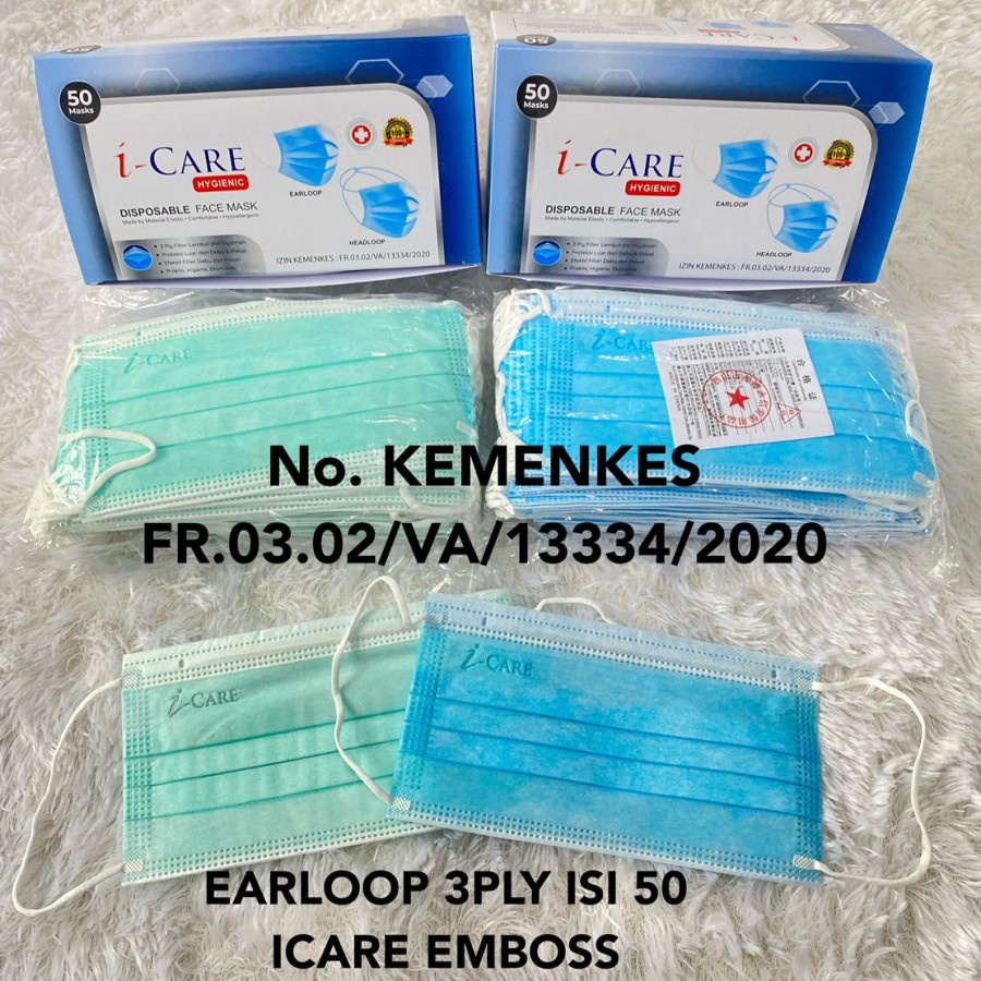 Masker Earloop Biru Hijau Putih 3ply Earloop isi 50 Pcs iCare Hygenix isi 50pc izin Kemenkes