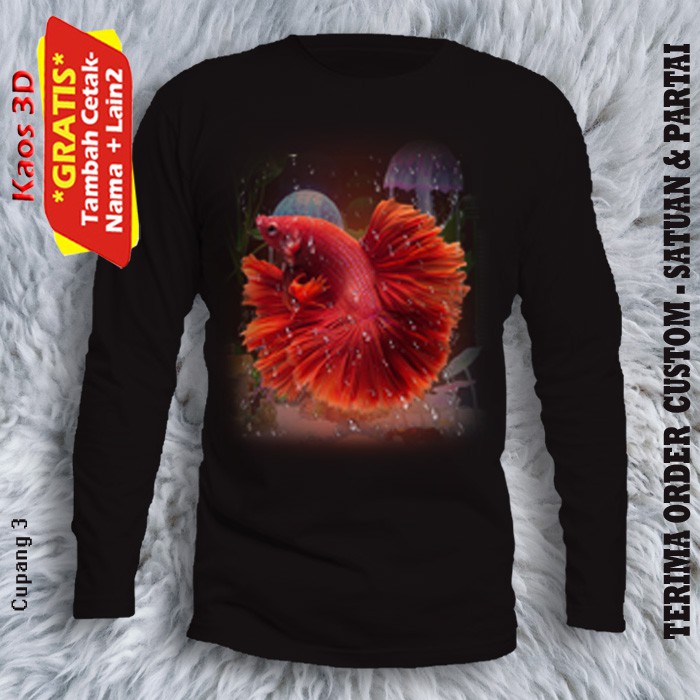 Kaos 3D Lengan Panjang ukuran dewasa gambar 3dimensi Ikan Cupang 3