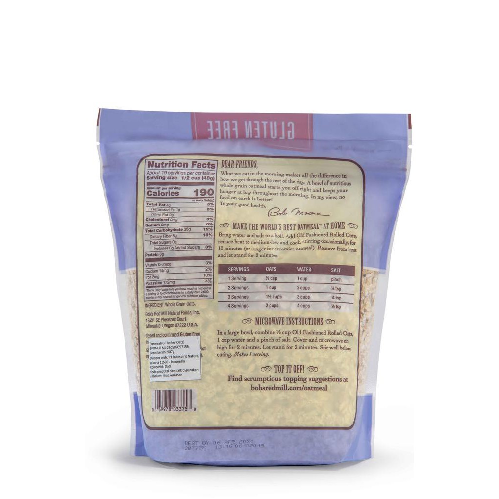 

Promo Bob's Red Mill Gluten Free Old Fashioned Rolled Oats Whole Grain 907 g