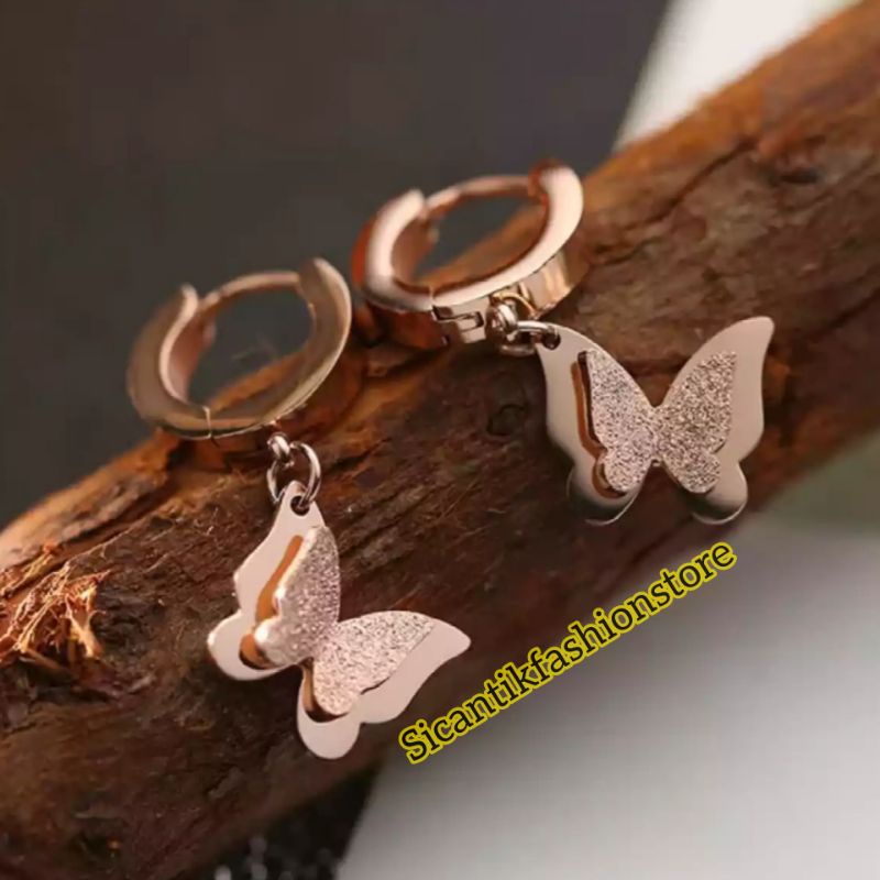 Anting Titanium Tusuk Model Kupu-kupu Rose Gold Fashion Wanita Terlaris Anti Karat Anting Wanita