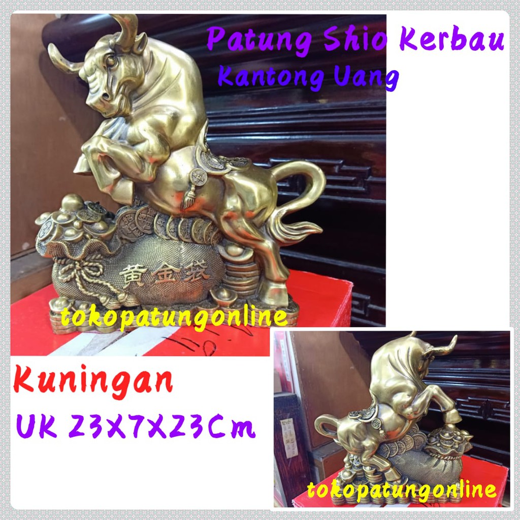 Patung Shio Kerbau Fengshui Kuningan Motif Kantong Uang 01