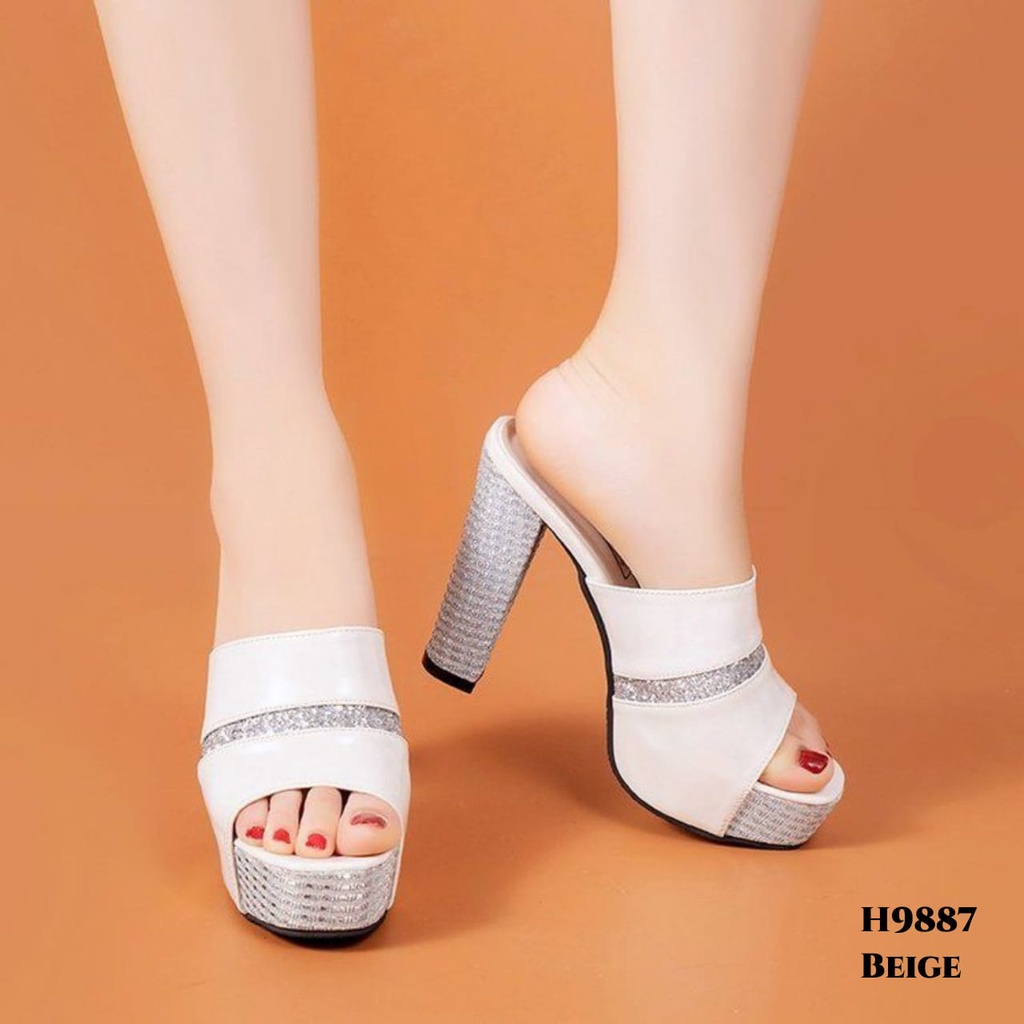 WYN HIGH HEELS GLITERS CHUNKY PLATFORM MULES FASHION KOREA BAHAN GLOSSY H9887