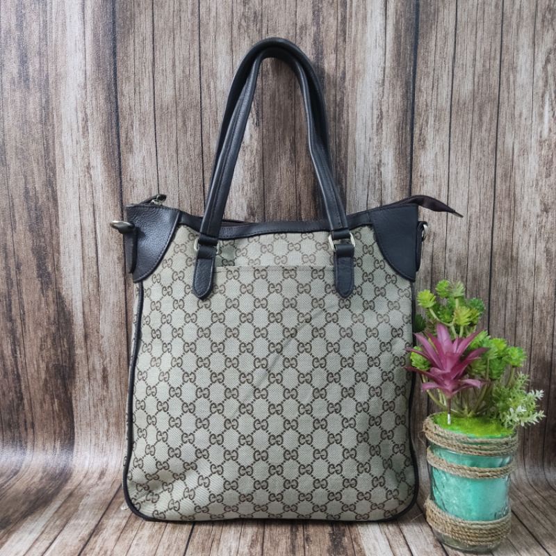 Tote Bag Preloved/ Tas Tote Wanita ala Gucci/ Tas Kanvas mix Kulit/ Canvas mix Leather Bag/ Tas Krem