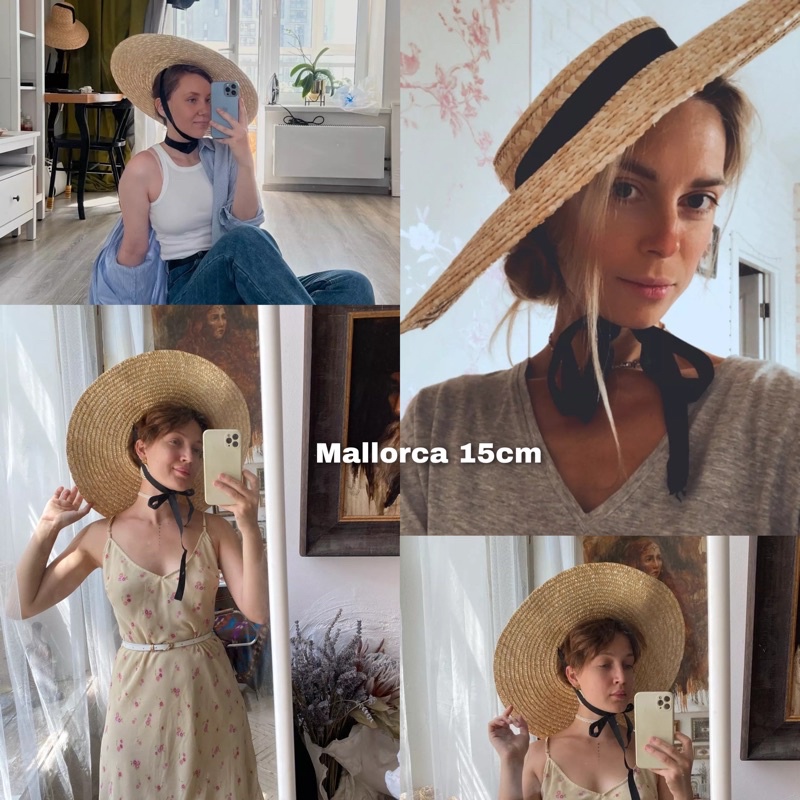 Mallorca Straw Hat | Topi pantai bulat lebar import premium Topi Pantai dengan Tali pita Topi jerami