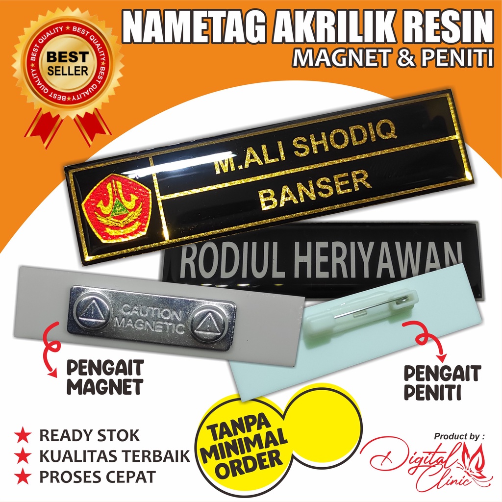 Name Tag Nama Dada Akrilik Magnet Peniti gold silver