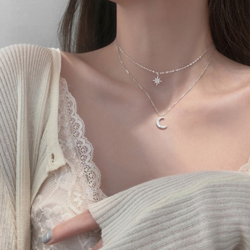 Kalung Rantai Klavikula Lapisan Ganda Aksen Bintang Bulan Bahan Zirkon Untuk Perhiasan Wanita