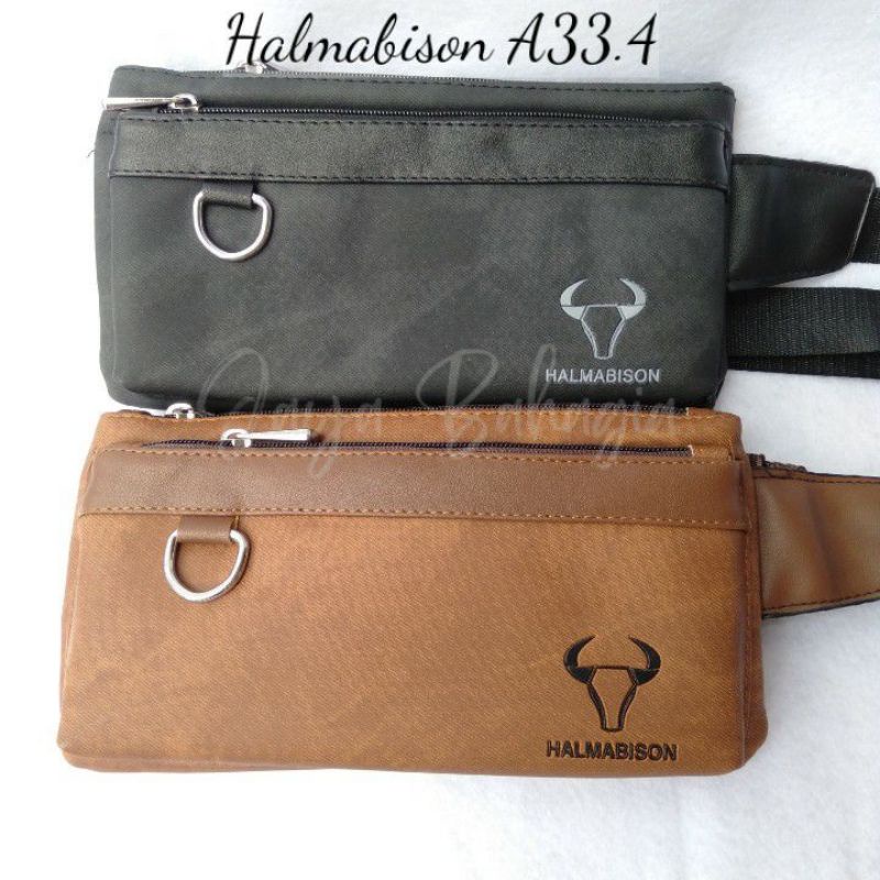 Waistbag Pria Tas Pinggang Halmabison Slingbag Selempang Dada Import Bahan Kulit Kombinasi