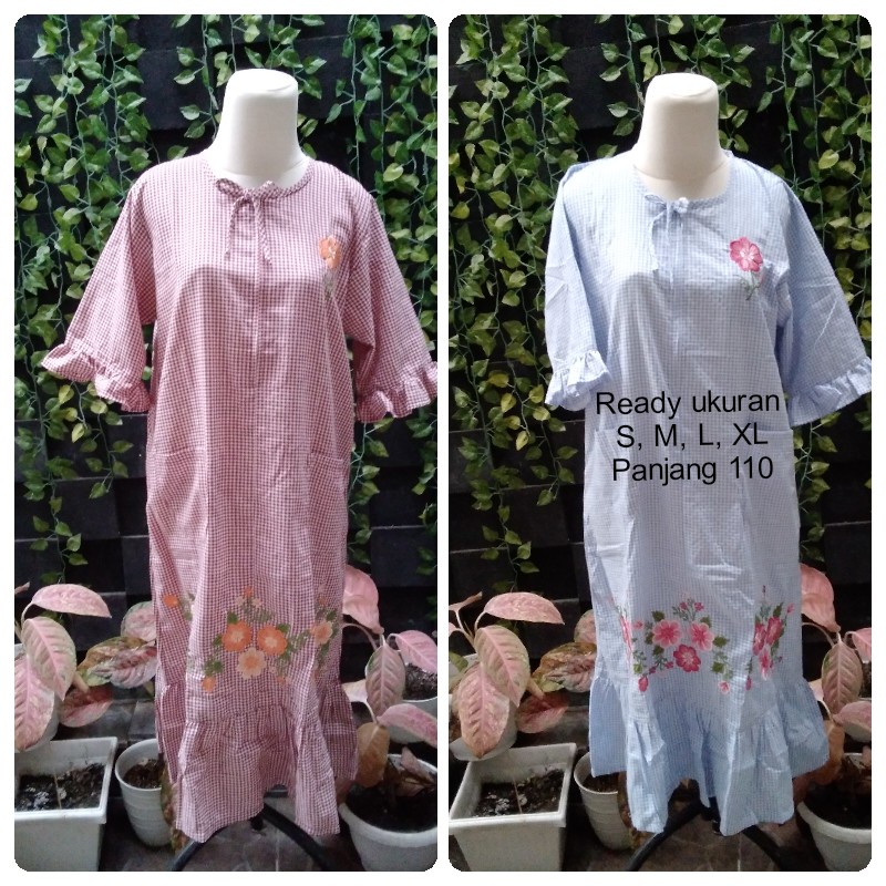 Homedress daster bordir malang bahan katun halus nyaman buat di rumah motif kotak kecil ukuran LD un