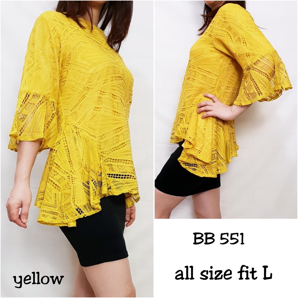BLOUSE BB551#ATASAN WANITA BLOUSE PEPLUM FULL BROKAT LENGAN TEROMPET
