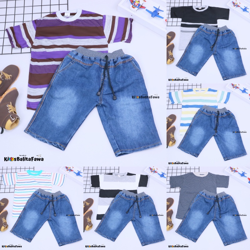 Setelan Salur Jeans uk 5-6 Tahun / Kaos Anak Cowok Celana Jeans Pendek Baju Anak Cowo Murah Pakaian