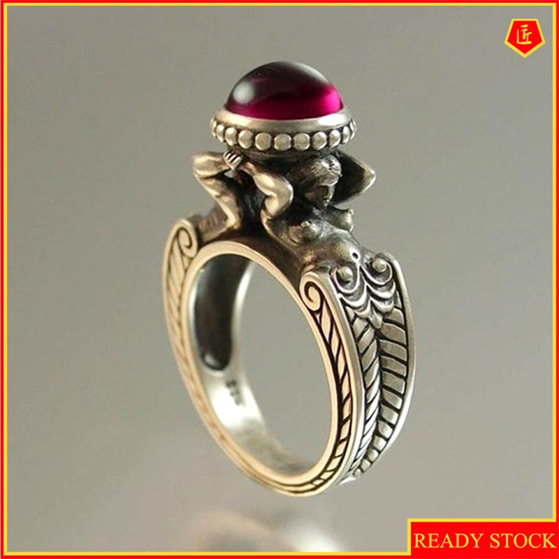 [Ready Stock]Mermaid Ruby Ring Europe and America Creative 925 Vintage Silver Ring