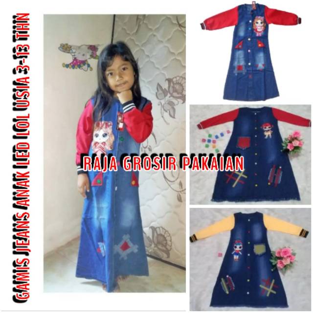 Gamis Jeans Anak LED LOL 3-13 Thn / Lampu LED Bisa Menyala