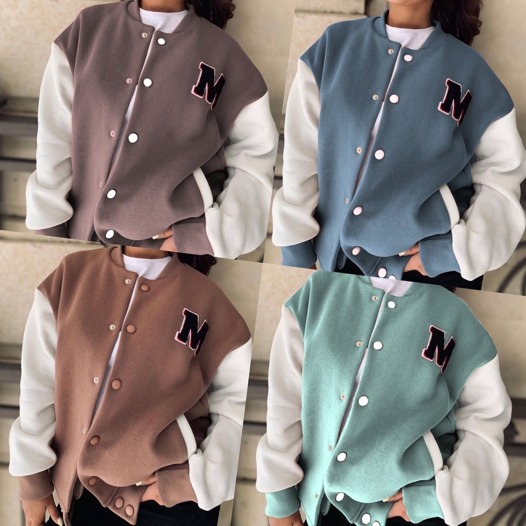 jaket wanita M BASEBALL OVERSIZE MOCCA jaket basball varsity terbaru