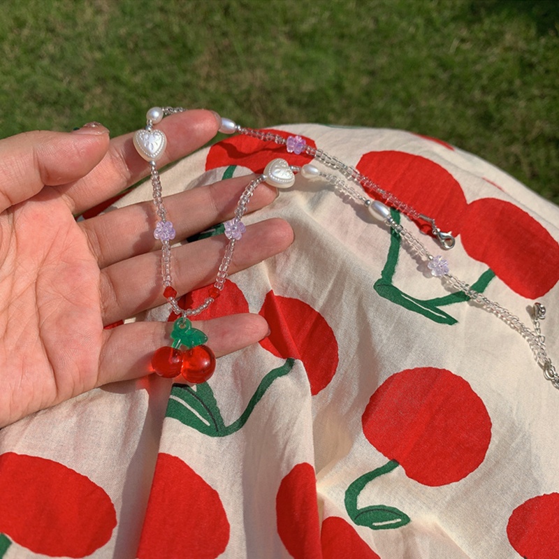 Kalung Rantai Dengan Liontin Buah Ceri Gaya Retro Perancis Untuk Wanita