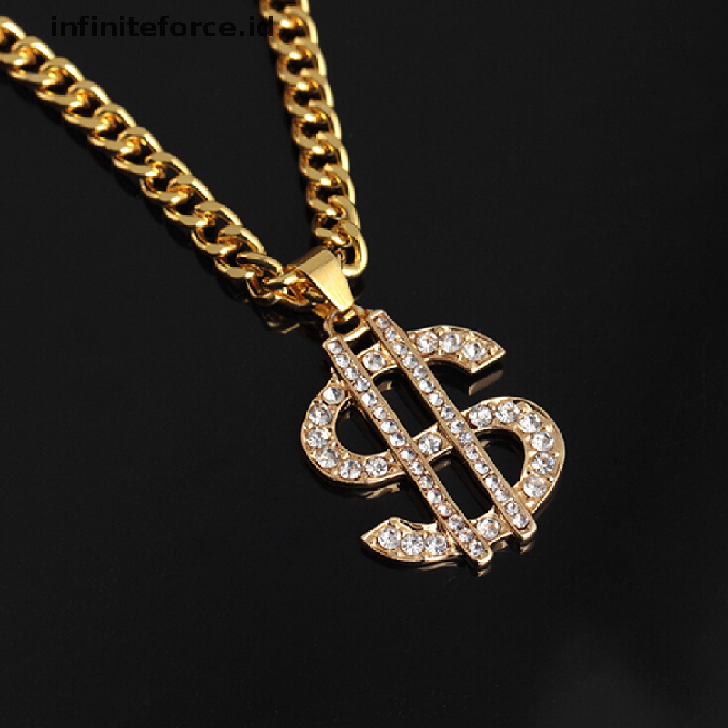 Kalung Liontin Simbol Dollar Lapis Emas Aksen Kristal Gaya Hip Hop