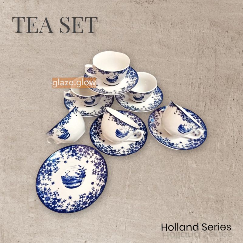 Tea Set Keramik (Tea Cup + Saucer) 12pcs Motif Wind Mill Holland Vintage Blue