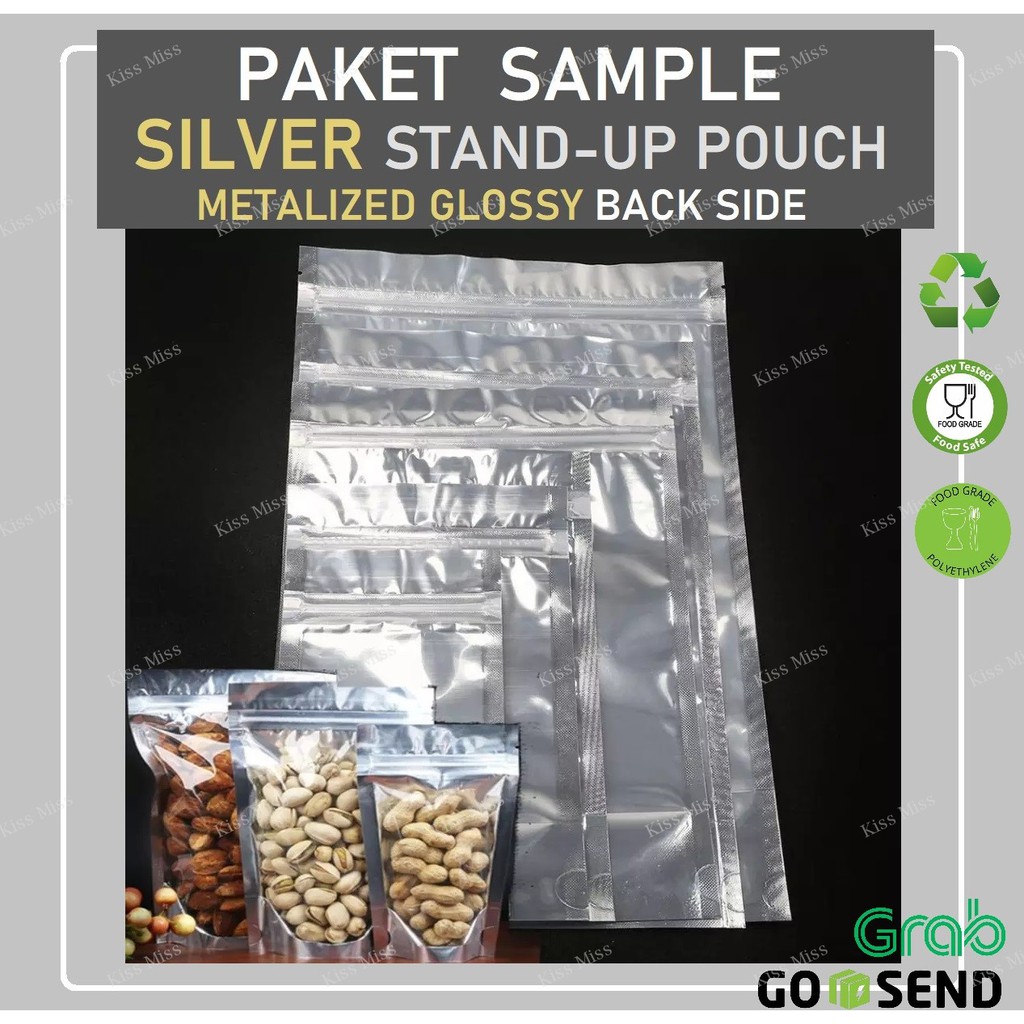 PAKET SAMPLE SILVER standing pouch - glossy - kemasan makanan - snack - aluminium foil - keripik - kopi - biji