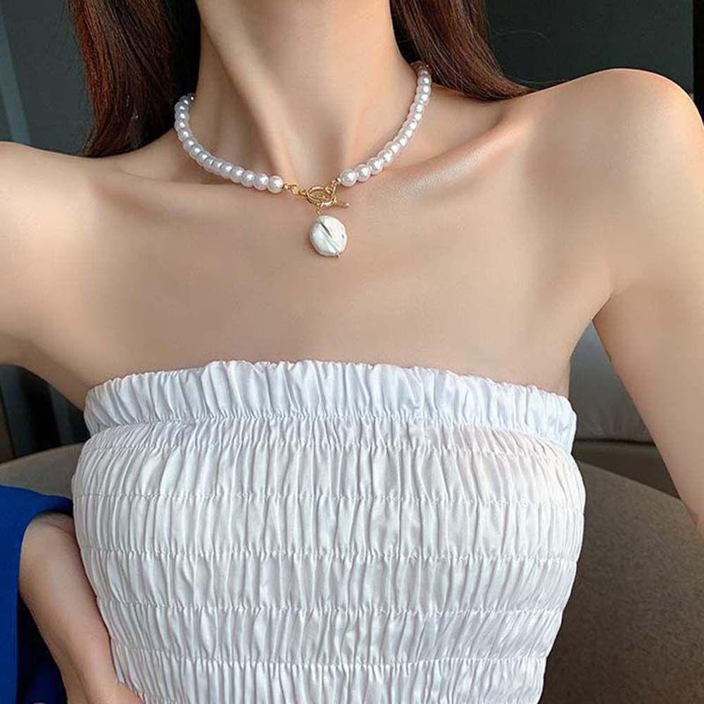 Mxbeauty Berlapis Ganda Chocker Koin Liontin Manis Perempuan Perhiasan Pesta Mutiara Imitasi Pendek Kalung Grils Hadiah Mutiara Klavikula Rantai