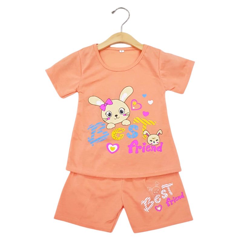 SETELAN SIKUNING PAKAIAN BAJU ANAK PEREMPUAN 2-7 TAHUN MOTIF BEST FRIEND RABBIT