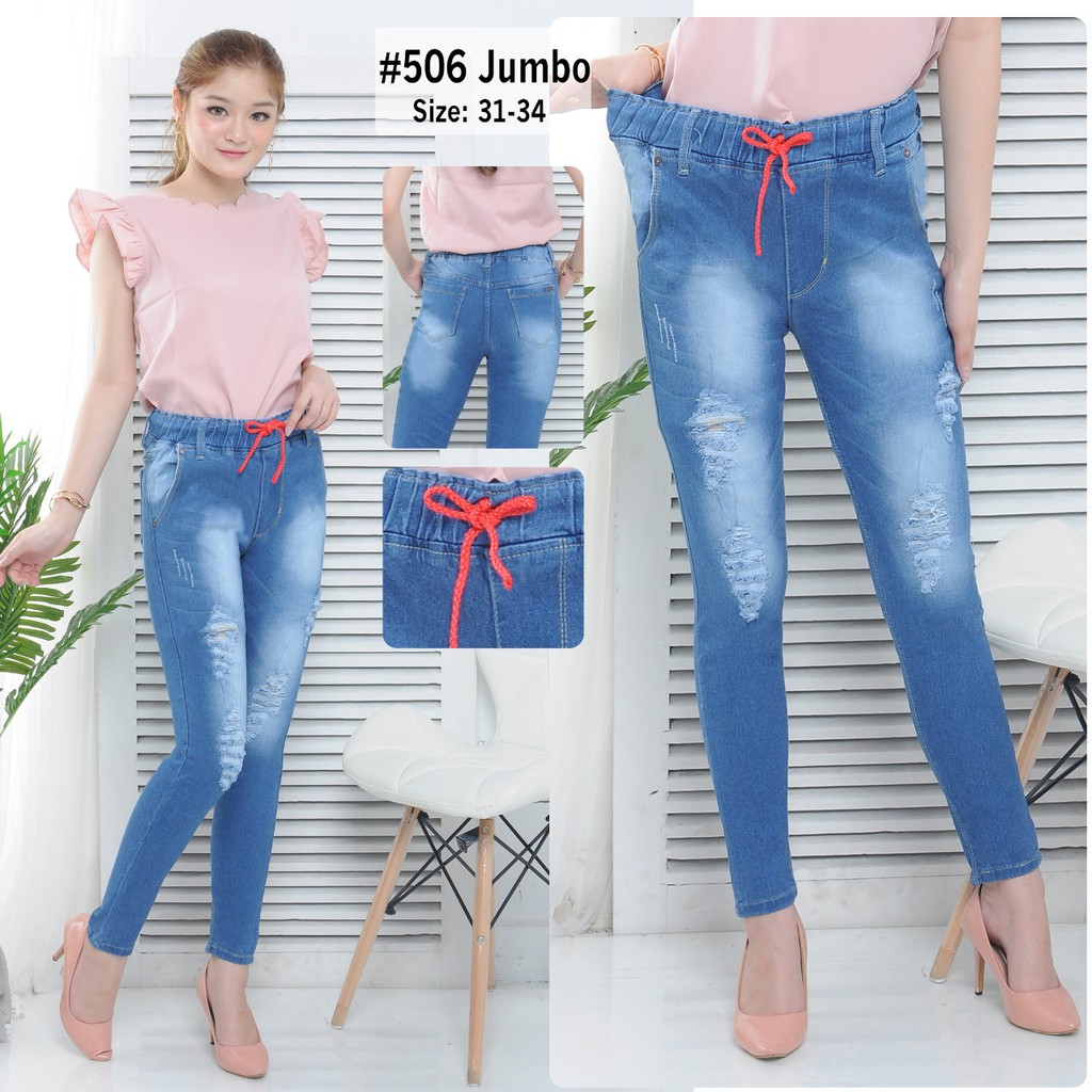 MC girl - Celana Jeans Pinggang Karet Sobek Jumbo / Celana Jins Ripped / Celana Lepis Koyak Big Size