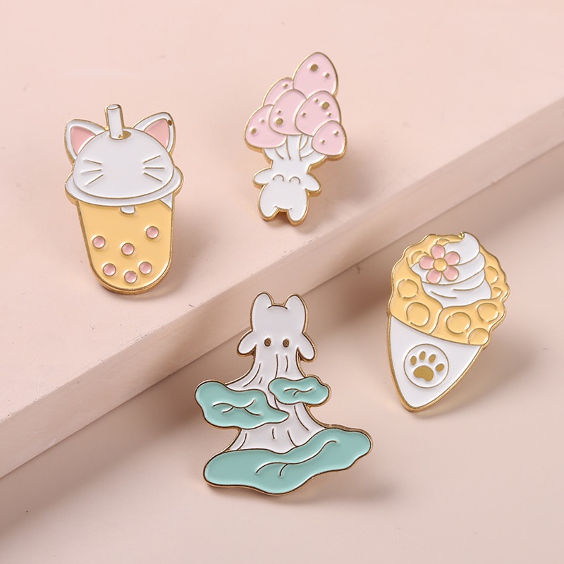 Food Enamel Pins Mushroom Ice Cream Boba Tea Cat Paw Brooches Bag Hat Lapel Pin Cartoon Badge Jewelry Gift Kids Girl