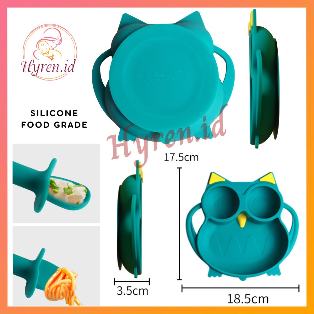 Hyren.id S12 Silicone Feeding Set Piring Bayi Suction Owl Sendok Garpu Tempat Makan Silikon Anti Slip Tumpah Burung Hantu Baby Plate Premium Balita Anak Lucu Cute Kartun Pink Green Hijau