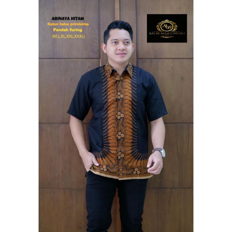 Kemeja Batik Warna Hitam Terbaru Batik Lengan Pendek Hitam Bahan Katun Lapis Furing ABINAYA HITAM