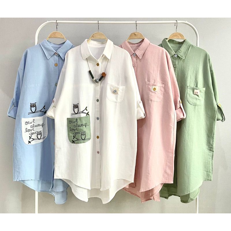 Tunik Kemeja Katun Linen Import Bordir Kantong Depan Owl LuBaNa#6306
