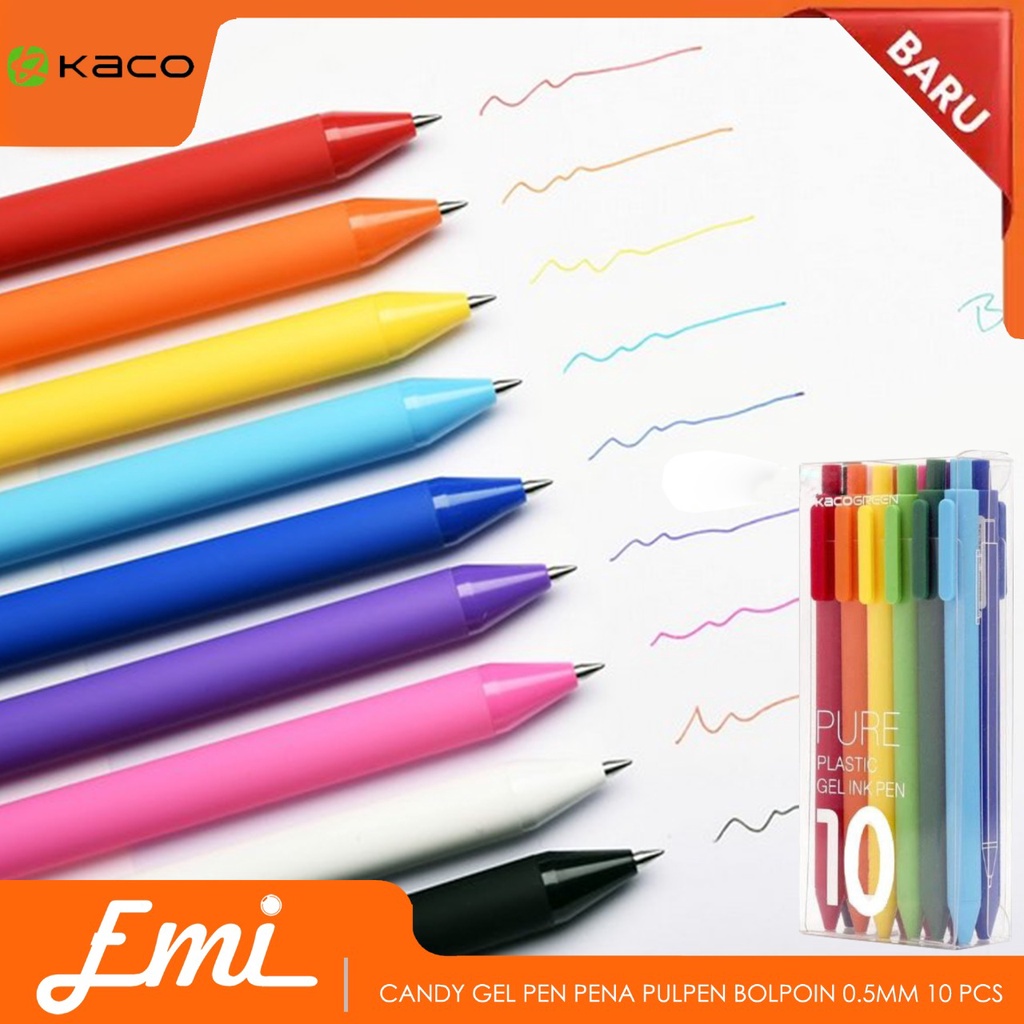 KACO PURE Candy Colorful Ink Gel Pen Pena Pulpen Bolpoin 0.5mm 10 PCS