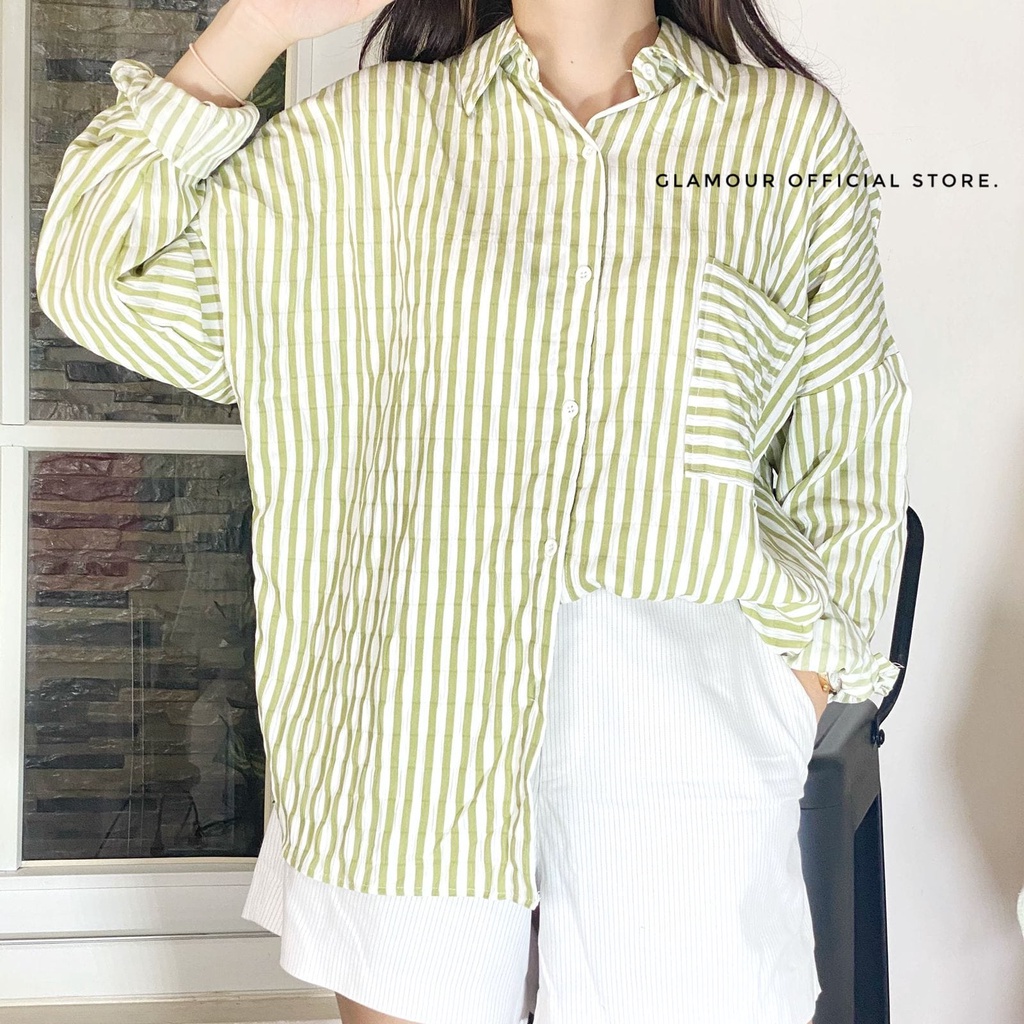 Kemeja Oversize Wanita Lengan Panjang Mtotif Salur Besar