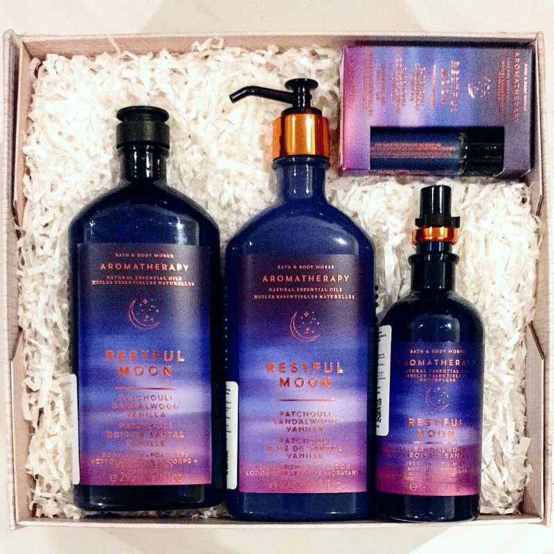 BBW AROMATHERAPHY RESTFUL MOON PATCHOULI SANDALWOOD VANILLA GIFT SET PAKET BATH &amp; BODY WORKS