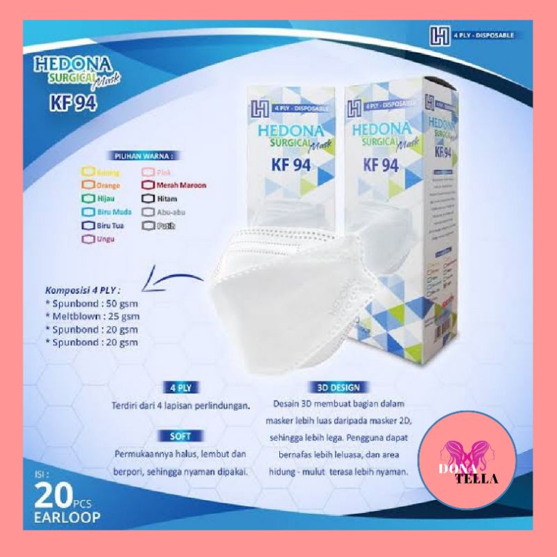 MASKER MEDIS KF94 4PLY HEDONA SURGICAL MASK [ ISI 20 PCS/BOX]