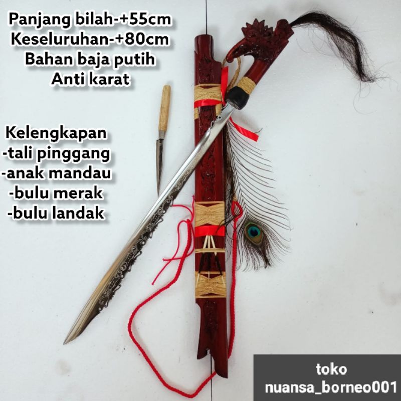 mandau senjata pusaka khas suku adat dayak asli kalimantan bahan baja putih anti karat size 80cm