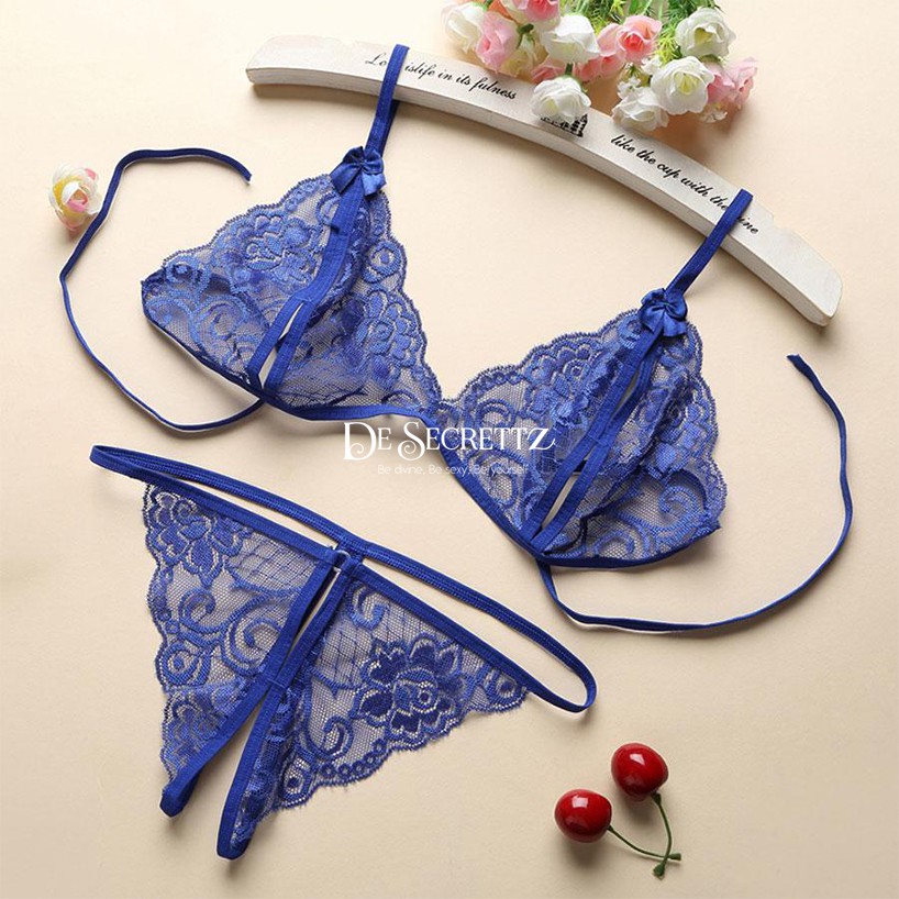 DeSecrettz LILY Lingerie Sexy Model Bra Set Transparan Dengan Open Crotch G String, Soft Lace Bikini