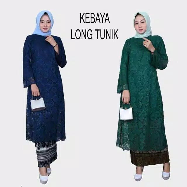 Setelan Kebaya Brukat Tunik Mix Plisket Navy / Hijau Botol
