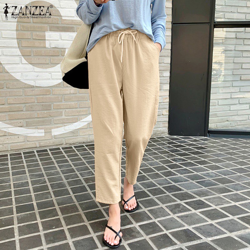 ZANZEA Women Casual Elastic Waist Drawstring Solid Color Loose Long Pants